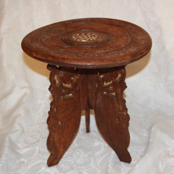 Hand Carved India Teak Wood Folding Stand Table - Picture 1 of 7